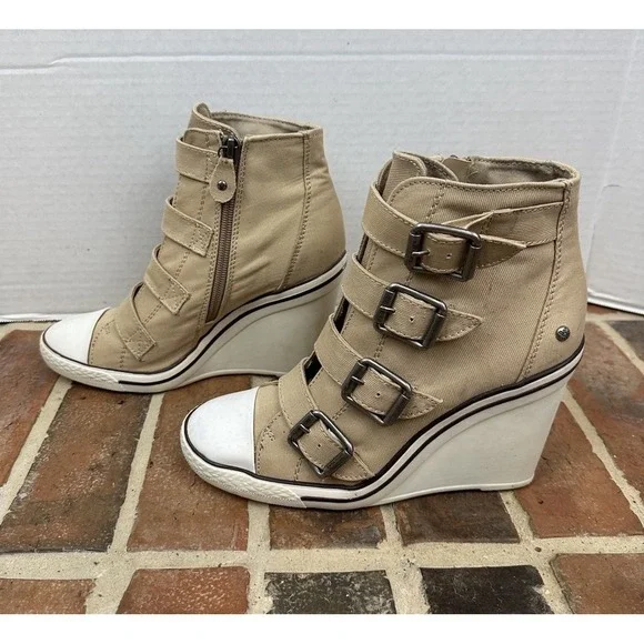 Simply Vera Vera Wang Beige Tan Wedge Heel Sneakers Buckles Straps Women's 8 - Picture 4 of 7